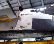 Space shuttle Endeavour with her cargo bay doors open during the 'Go for Payload' event at the California Science Center, on October 9, 2014.