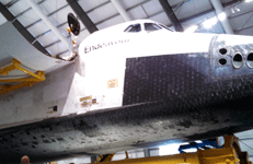 Space shuttle Endeavour with her cargo bay doors open during the 'Go for Payload' event at the California Science Center, on October 9, 2014.