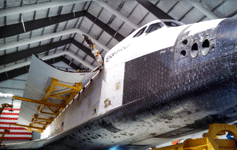 Space shuttle Endeavour with her cargo bay doors open during the 'Go for Payload' event at the California Science Center, on October 9, 2014.