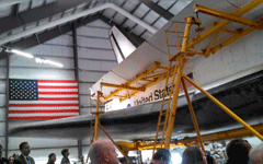 Space shuttle Endeavour with her cargo bay doors open during the 'Go for Payload' event at the California Science Center, on October 9, 2014.