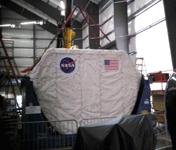 The SPACEHAB module that will be installed inside space shuttle Endeavour during the 'Go for Payload' event at the California Science Center, on October 9, 2014.