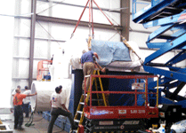 The SPACEHAB module is prepped for installation inside Endeavour's cargo bay at the California Science Center, on October 9, 2014.