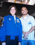 Posing with STS-118 astronaut Barbara Morgan during the 'Go for Payload' event at the California Science Center, on October 9, 2014.