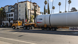 The truck towing the first of Endeavour's two solid rocket motors drives down Figueroa Street to the California Science Center in Exposition Park...on October 11, 2023.