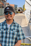 Posing with Endeavour's two solid rocket motors at the California Science Center in Exposition Park...on October 11, 2023.