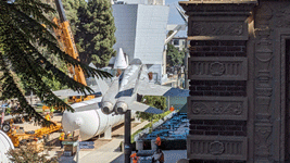 The second of Endeavour's two solid rocket motors is placed onto a temporary workstand near the Rose Garden at Exposition Park in Los Angeles...on October 11, 2023.