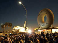 Space shuttle Endeavour is parked near Randy's Donuts in Inglewood, on October 12, 2012.