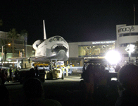 Space shuttle Endeavour is displayed near the Baldwin Hills Crenshaw Plaza, on October 13, 2012.