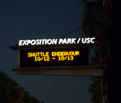 A sign near the California Science Center heralds the arrival of space shuttle Endeavour, on October 13, 2012.
