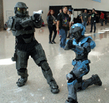 Two Spartan soldiers from the HALO video game strike a pose at the Comikaze Expo in L.A., on November 2, 2013.