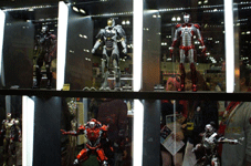 The different armored suits that showed up to the 'House Party' at the end of IRON MAN 3 on display in L.A., on November 2, 2013.