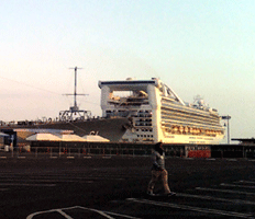 A cruise ship sails past the USS Iowa on its way out to sea, on November 4, 2013.