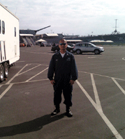 Posing in front of the USS Iowa at the Pacific Battleship Center in San Pedro, California, on November 4, 2013.