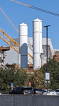 The twin solid rocket motors for Endeavour stand tall at the construction site for the future Samuel Oschin Air and Space Center in Los Angeles...on November 8, 2023.