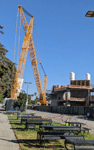 The twin solid rocket motors for Endeavour stand tall at the construction site for the future Samuel Oschin Air and Space Center in Los Angeles...on November 8, 2023.