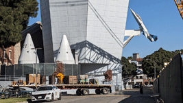 The two nose cones, or forward assemblies, for Endeavour's twin solid rocket motors are waiting to be installed at the California Science Center in Los Angeles...on November 8, 2023.