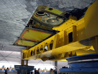 A close-up shot of the orbiter umbilical doors underneath space shuttle Endeavour, on November 16, 2012.