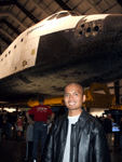 Posing with space shuttle Endeavour inside the Samuel Oschin Pavilion at the California Science Center, on November 16, 2012.