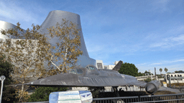 The retired A-12 Blackbird and the now-complete diagrid structure at the Samuel Oschin Air and Space Center...on December 18, 2025.
