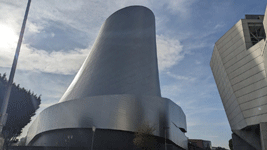 The diagrid structure is now complete at the Samuel Oschin Air and Space Center...on December 18, 2025.