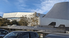 The retired A-12 Blackbird and the now-complete diagrid structure at the Samuel Oschin Air and Space Center...on December 18, 2025.