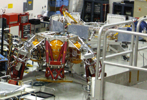 The MSL descent stage, with the cruise stage behind it.