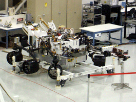 The Curiosity rover on display inside the Spacecraft Assembly Facility.