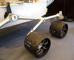 Wheels on the Curiosity rover mock-up.