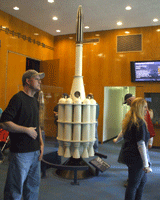 A replica of the Explorer 1 satellite inside the lobby of the von Karman auditorium.