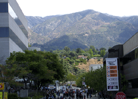 The San Gabriel Mountains loom beyond JPL.