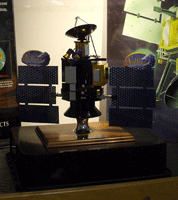 An Earth observation satellite model on display at the Spacecraft Assembly Facility.