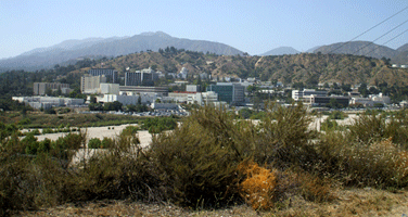 A wide shot of JPL, as seen from up the road.
