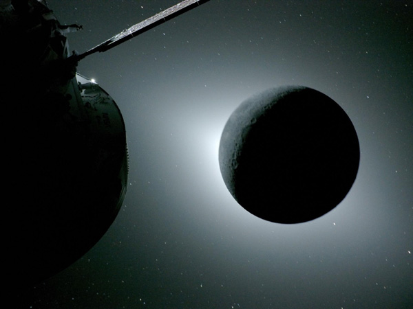 A selfie that NASA's Orion spacecraft took with a solar eclipse behind it...on April 6, 2026