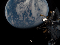 A selfie that Intuitive Machines' Athena lunar lander took with Earth behind it, after launch on February 26, 2025