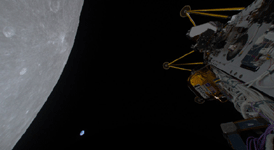 With Earth visible in the distance, Intuitive Machines' Athena lander flies above the Moon after entering lunar orbit on March 3, 2025