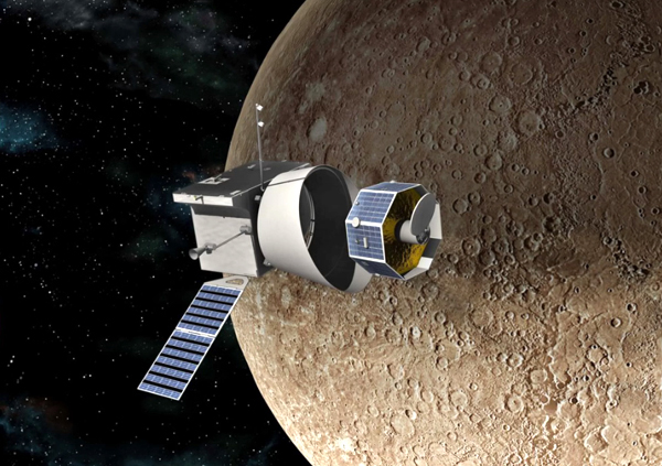 An artist's concept of Japan's MIO satellite (smaller spacecraft at right) separating from Europe's Mercury Planetary Orbiter in space