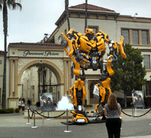 The life-size Bumblebee movie prop from the first TRANSFORMERS film on display near Bronson Gate at Paramount Studios