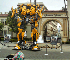 The life-size Bumblebee movie prop from the first TRANSFORMERS film on display near Bronson Gate at Paramount Studios