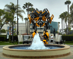 The life-size Bumblebee movie prop from the first TRANSFORMERS film on display near Bronson Gate at Paramount Studios