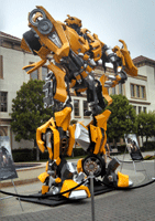 The life-size Bumblebee movie prop from the first TRANSFORMERS film on display near Bronson Gate at Paramount Studios