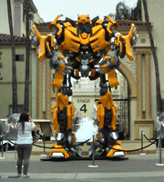 The life-size Bumblebee movie prop from the first TRANSFORMERS film on display near Bronson Gate at Paramount Studios