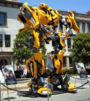 The life-size Bumblebee movie prop from the first TRANSFORMERS film on display near Bronson Gate at Paramount Studios