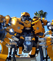 The life-size Bumblebee movie prop from the first TRANSFORMERS film on display near Bronson Gate at Paramount Studios