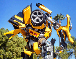 The life-size Bumblebee movie prop from the first TRANSFORMERS film on display near Bronson Gate at Paramount Studios