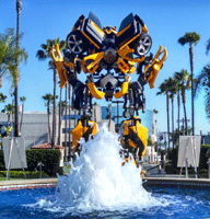 The life-size Bumblebee movie prop from the first TRANSFORMERS film on display near Bronson Gate at Paramount Studios