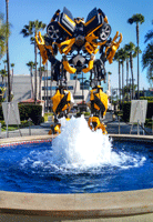 The life-size Bumblebee movie prop from the first TRANSFORMERS film on display near Bronson Gate at Paramount Studios