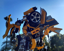 The life-size Bumblebee movie prop from the first TRANSFORMERS film on display near Bronson Gate at Paramount Studios