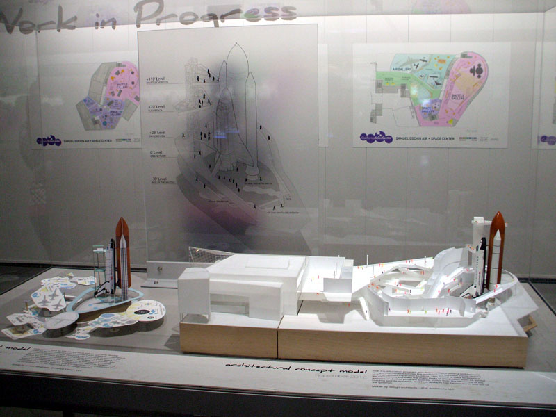 Concept models showing the future Samuel Oschin Air and Space Center, space shuttle Endeavour's permanent home, at the California Science Center.
