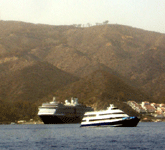 The Avalon Casino and an ocean liner beckon on the horizon as the Catalina Express gets closer to Catalina Island, on October 4, 2013.