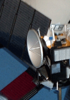 A model of the Dawn spacecraft, which will be launched in 2007 to study asteroids Vesta and Ceres.